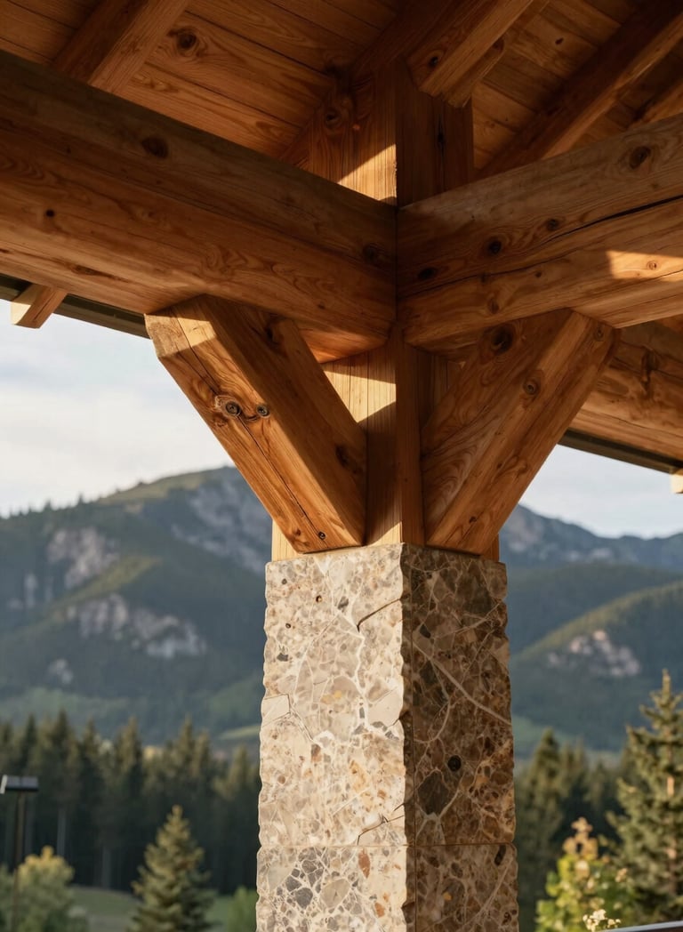 Close-up of premium architectural materials, heavy hand-hewn timber beams meeting clean-cut Idaho granite, warm natural light, 35mm.