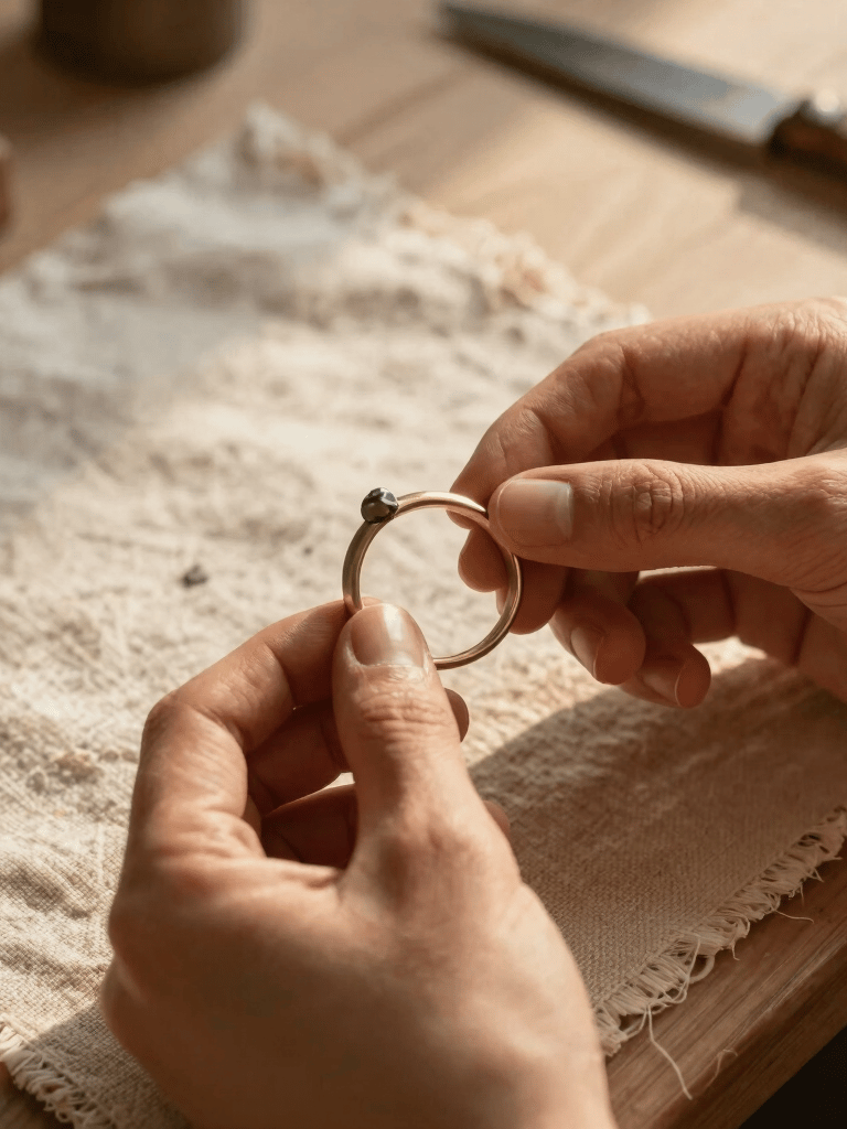 A close-up photograph of an artisan's workbench in Rennes, Western Europe / Brittany, France. Gently illuminated by the warm golden light of late afternoon, hands hold a half-finished brass ring with a tiny, raw natural stone. The background features textured linen fabrics in soft ivory and warm beige. Warm, organic, poetic bohemian atmosphere.