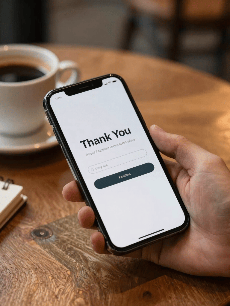 An inviting, close-up lifestyle photograph showing a hand holding a modern smartphone over a warm wooden table in a café. The smartphone screen shows a clean, minimalist 'Thank You' purchase confirmation design. On the table sits an empty coffee cup, a small notebook, and warm light reflecting the cozy, slow-paced atmosphere of Global / Modern Urban Café Culture, in shades of coffee brown, warm cream, and dark espresso.