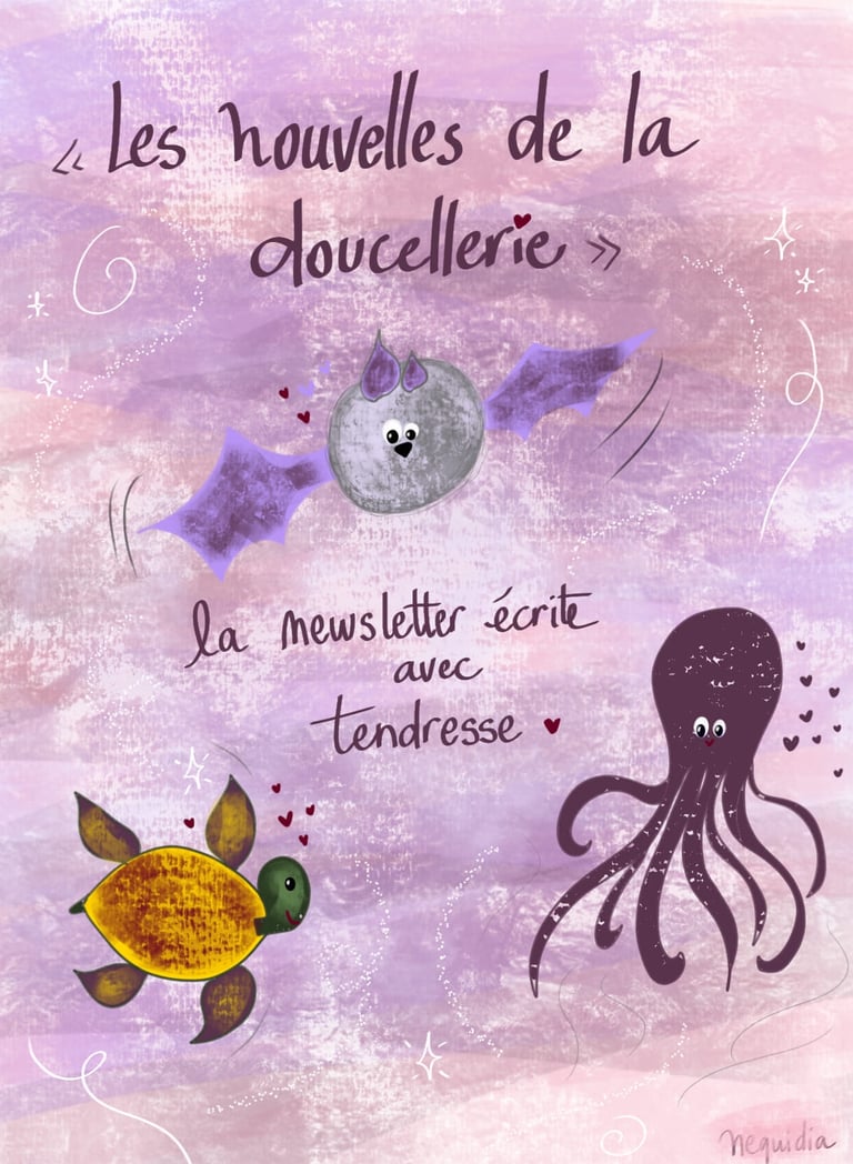 Illustration pastel de la newsletter Les nouvelles de la doucellerie avec personnages poétiques colorés.