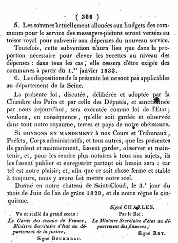 Loi du 3 juin 1829 instaurant le service postal rural, suite.