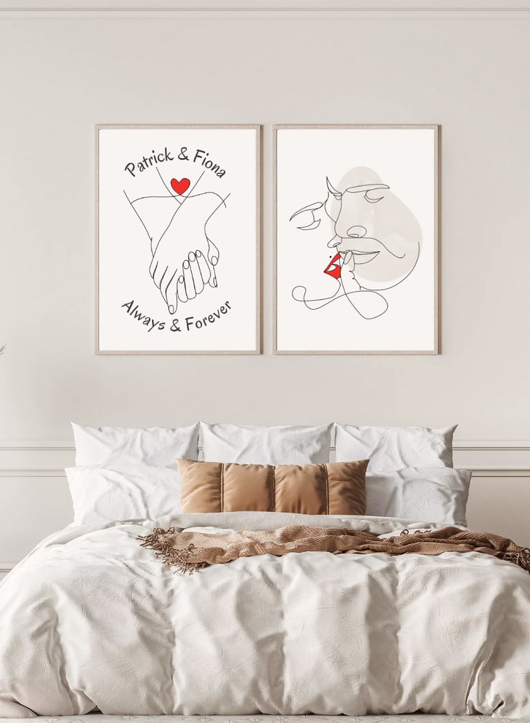 A bedroom with a personalised hand drawn and romantic face posters