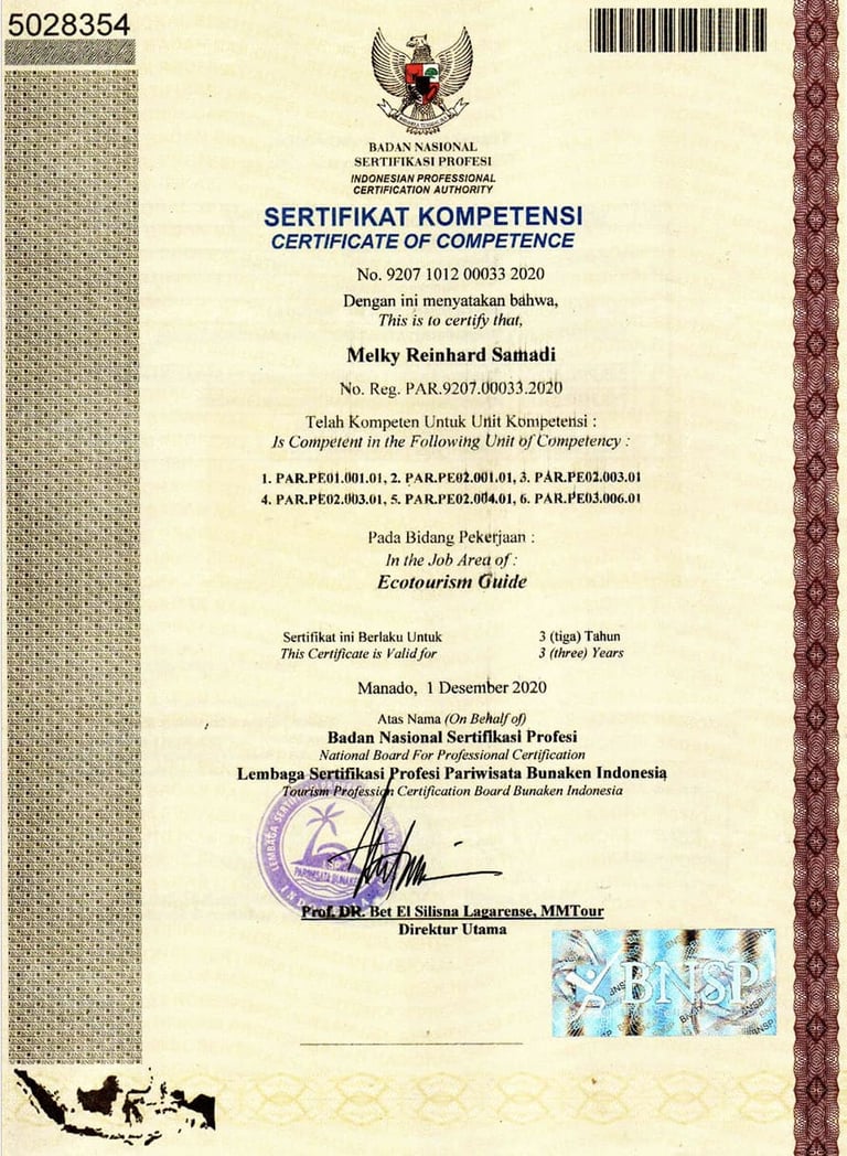 Indonesian Professional Certification Authority certificate of competence for Ecotourism Guide.