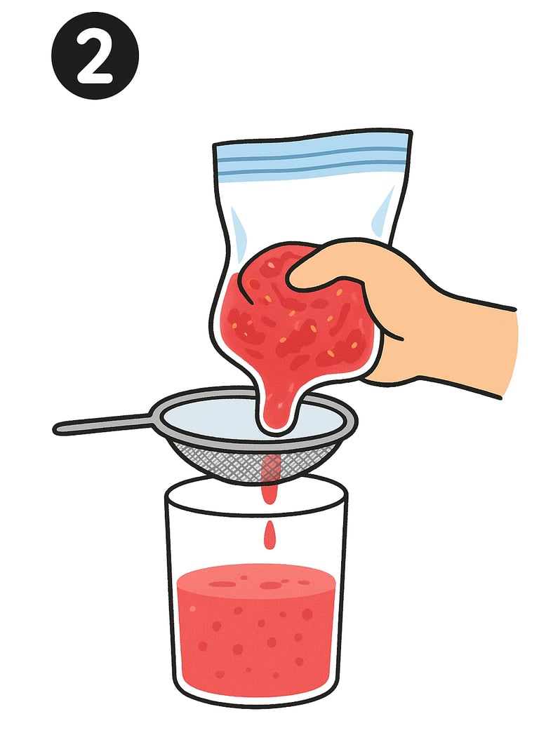 Sifting mashed strawberries