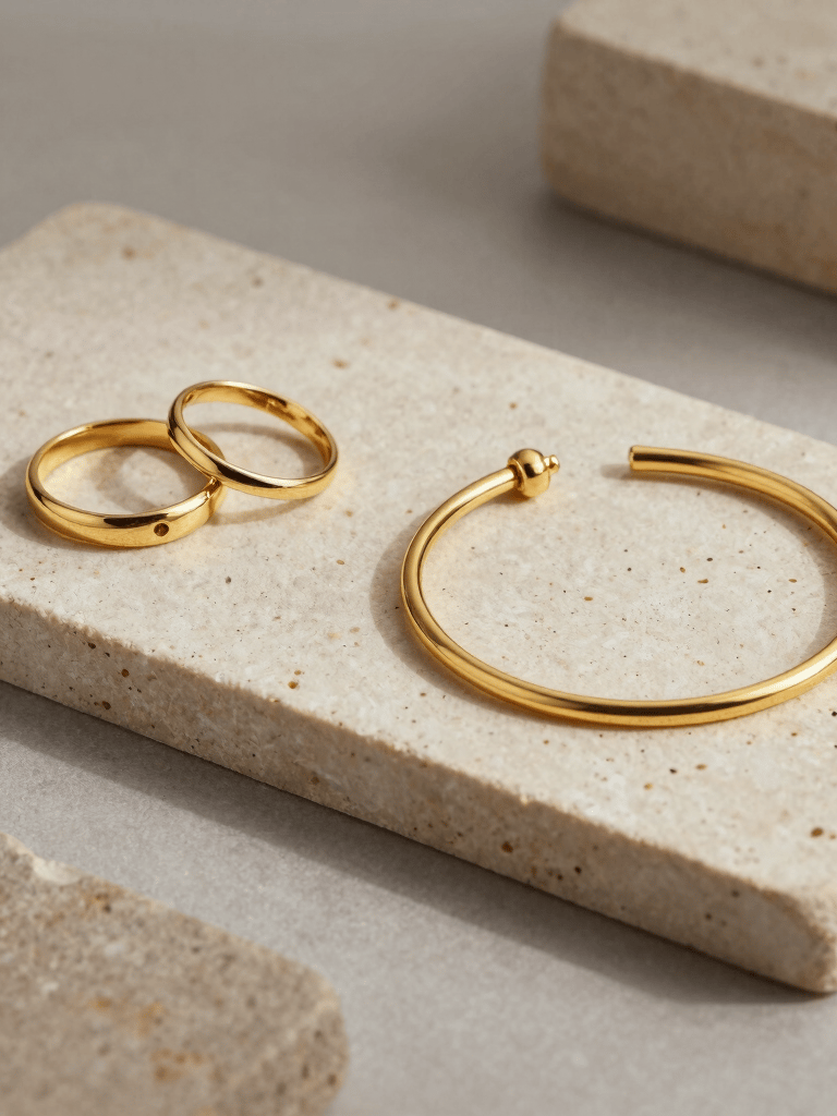 An elegant, understated luxury still-life photograph featuring delicate gold jewelry, including rings and a bracelet, resting on natural stone slabs of soft beige and taupe colors. Soft directional lighting highlights the polished gold textures. Calm, minimal, editorial design style. Global / North American and Western European.