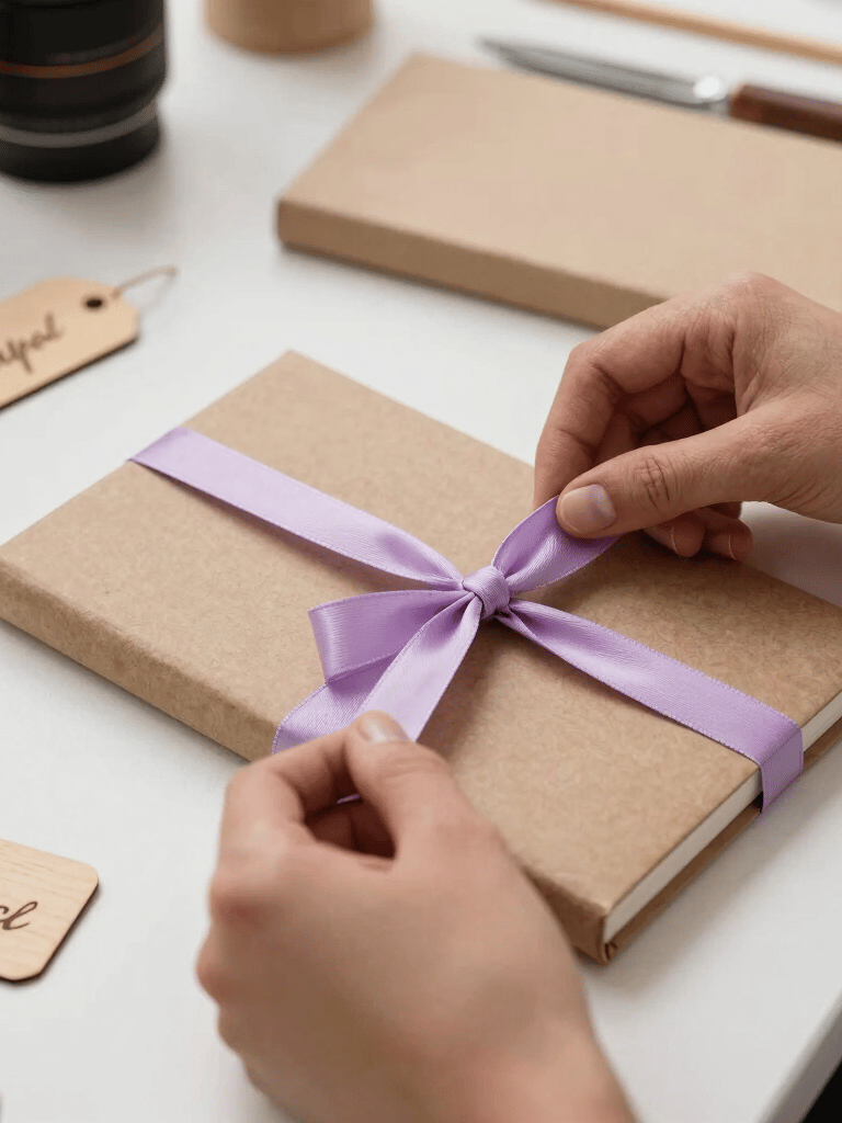 Close-up of skilled hands in a Western European workshop carefully wrapping a personalized notebook with a pastel lilac ribbon. Sustainable kraft paper packaging on a clean workspace, surrounded by custom-cut wooden tags, warm natural lighting, creative and warm mood.