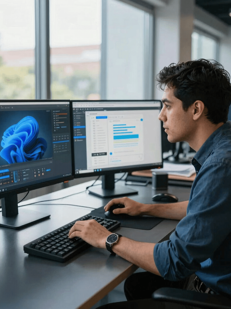 A professional software developer and UI designer working together in a high-tech studio in a Latin American / Hispanic Enterprise setting. Natural light filtering through floor-to-ceiling windows onto dark slate desks with dual monitors showing digital interfaces. Vivid electric blue accents create a modern visual highlight.