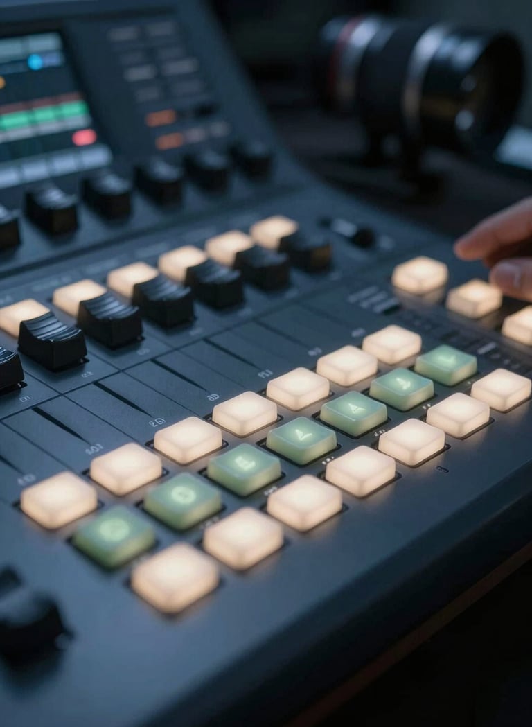 A close-up photograph of a professional color grading console in a dark studio. The soft light of the glowing buttons in muted sage and soft off-white reflects on the metallic surface. The background is a dark slate blue, emphasizing a high-end creative workspace.
