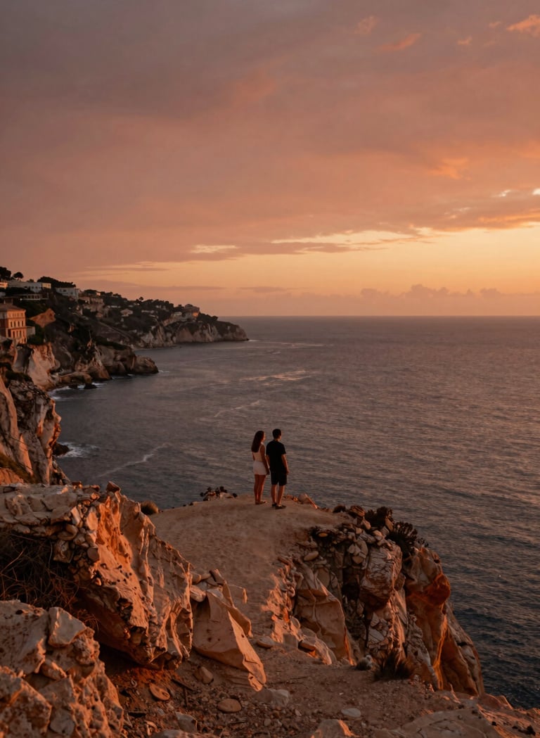 A cinematic wide-angle shot of a couple standing on a cliffside overlooking the Mediterranean sea at sunset. The atmosphere is warm and welcoming, with soft sand colored rocks and deep terracotta sky tones. Southern European / Italian landscape.