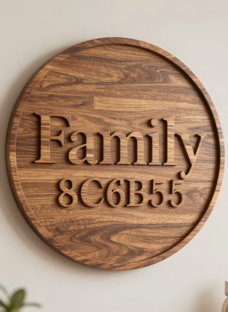 A close-up of a beautifully finished circular wood sign featuring a family name in raised 3D laser-cut letters. The wood has a warm #8C6B5E stain, and the lighting is soft and natural, emphasizing the grain and professional finish.