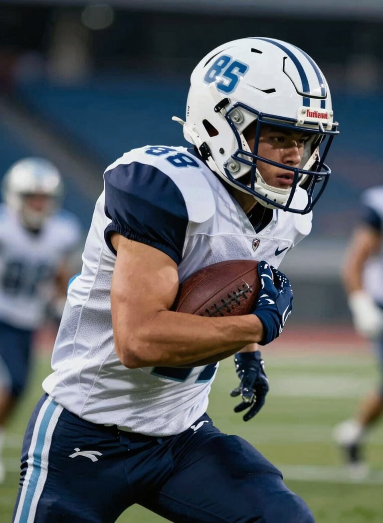 A close-up, high-action shot of a focused high school running back in a navy and white jersey, gripping a football tightly during a run. The lighting is dramatic and cinematic, highlighting muscle definition and grit. The background is a blurred stadium with stadium lights reflecting the #8FAEC0 and #ECF2F8 colors.