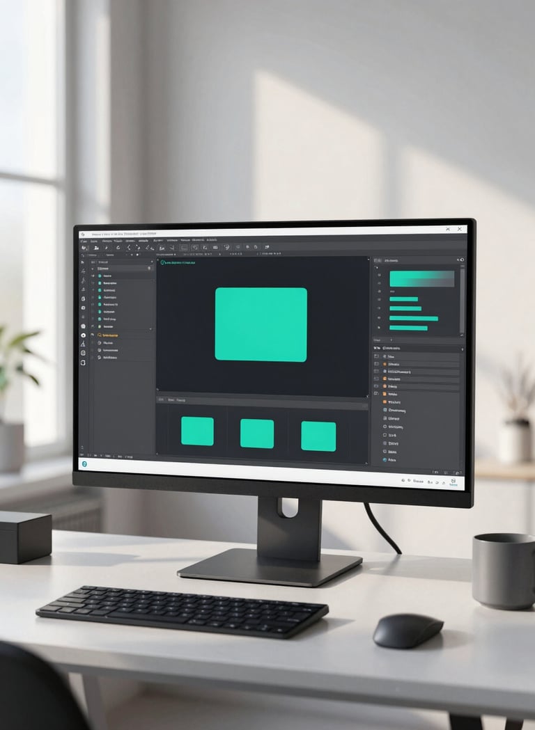 A minimalist studio shot of a high-end computer monitor displaying a sophisticated UI design project with teal accents. The environment is a clean, modern home office of a Global / Digital Professional, with soft morning light.