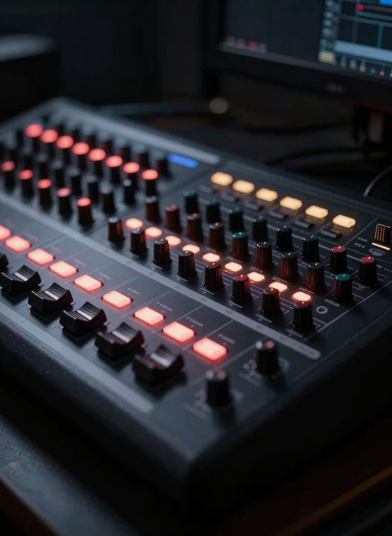 Close-up photography of a professional video editing console in a dark studio. Glowing control knobs and a backlit keyboard cast soft venetian red light on the surfaces. Deep black shadows surround the gear, cinematic shallow depth of field.