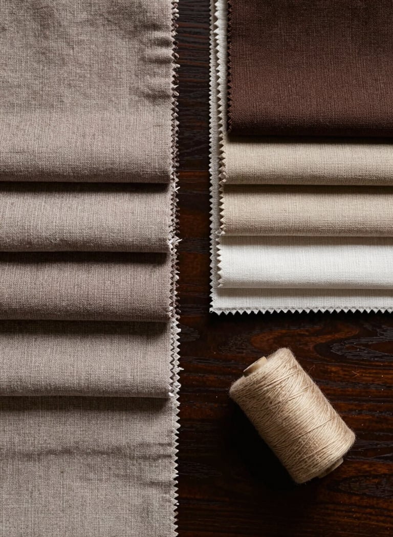 A top-down flat lay of high-quality textile swatches. The arrangement includes textured linens in warm taupe and cottons in antique parchment and deep espresso. A small spool of thread in soft sand sits nearby on a dark wooden surface, reflecting a bespoke artistic process.