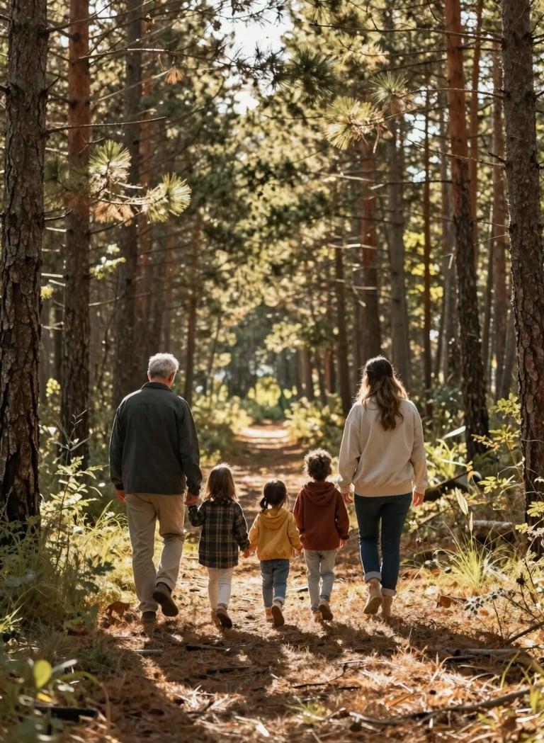 Wide cinematic shot of a family walking away through a North American pine forest, sunlight filtering through trees. Warm, sun-kissed atmosphere, lifestyle photography style, authentic and deeply personal mood.