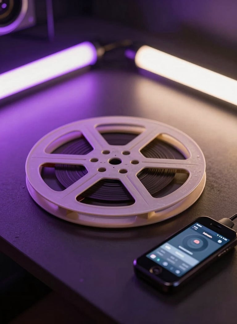 A close-up photograph of a vintage film reel and a modern digital media controller on a dark desk, illuminated by sharp light purple and off-white neon light, North American studio setting, edgy and professional atmosphere.