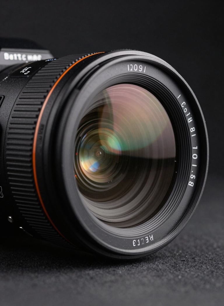 Close-up macro photography of a high-end camera lens capturing light flares in a dark studio, sophisticated lighting with a subtle orange accent, Australian / Sydney creative agency workspace context, professional creative excellence.