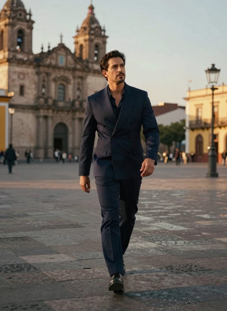 A wide cinematic shot of a male singer walking through a historic and sun-drenched plaza in a Latin American city during the golden hour. He is wearing a modern outfit in deep midnight navy. The atmosphere is captivating and sophisticated, like a still from a high-quality music video.