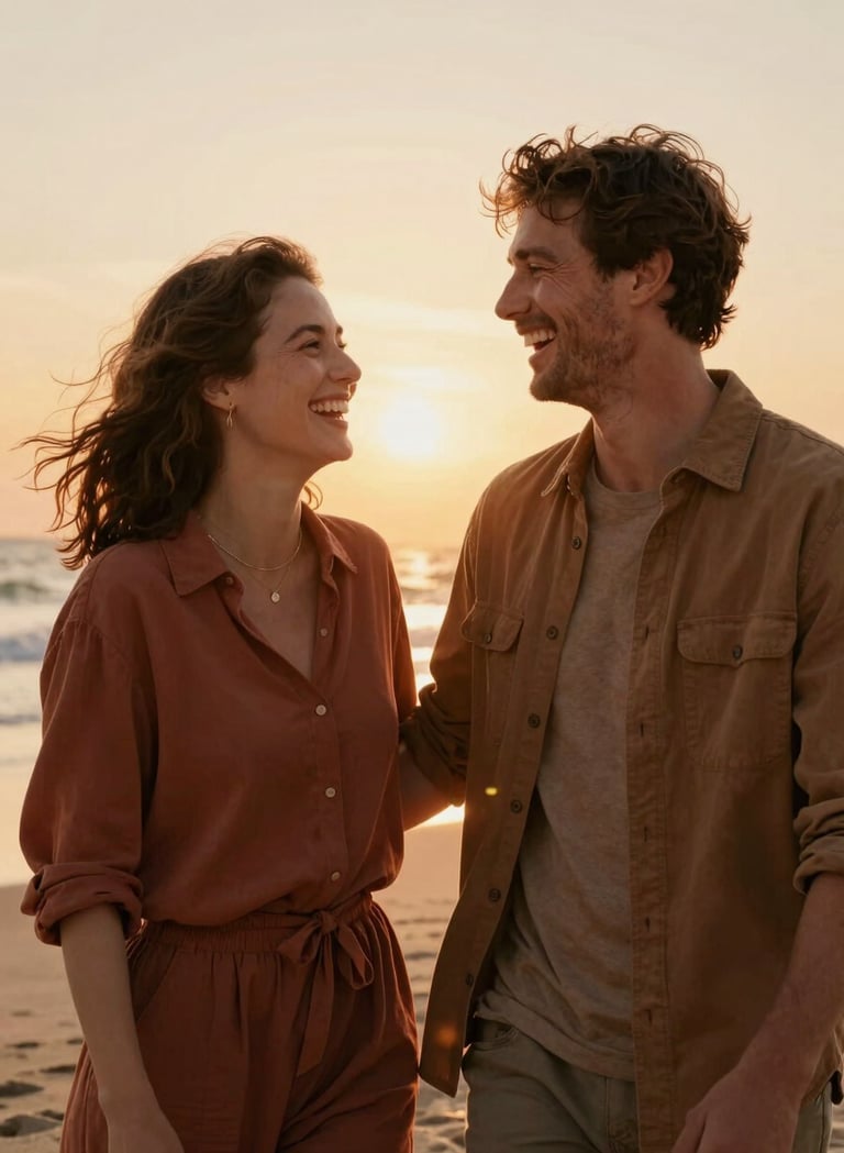 A medium shot of a man and woman laughing together on a beach. The sun is setting behind them, creating a warm sun-drenched halo effect. Their clothing is in natural tones like terracotta and warm brown.