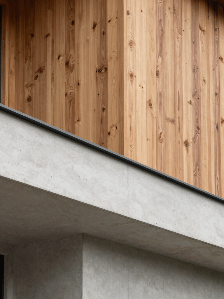 A minimalist architectural detail of a modern Canadian residence. The composition focuses on the clean intersection of warm cedar wood cladding and smooth off-white concrete under soft, diffused daylight.