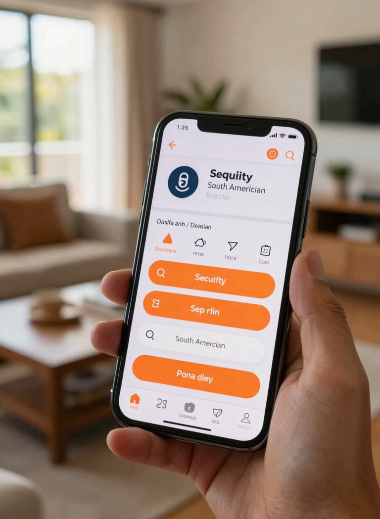 A handheld shot of a smartphone screen showing a modern security app interface with orange buttons, being used in a sunny South American / Brazilian home living room. The style is lifestyle photography, spontaneous and authentic.