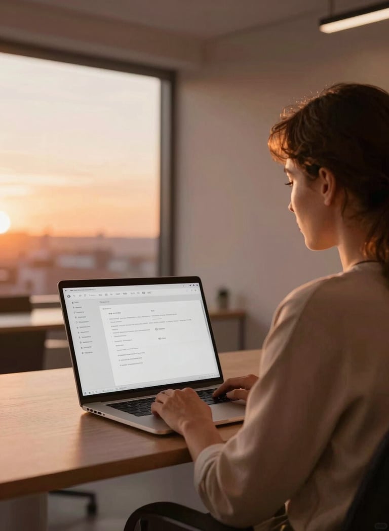 A professional in a modern International / Western office, seen from behind, looking at a minimalist laptop screen displaying a clean interface. The room is flooded with warm sunset terracotta light coming through a large window.