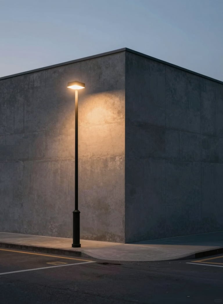 A cinematic, wide-angle shot of a minimalist urban corner at twilight. A single street lamp casts a warm glow against a concrete wall. The atmosphere is sophisticated and quiet, utilizing the #3A3F3B and #C1C4BF palette to create depth and a professional mood.