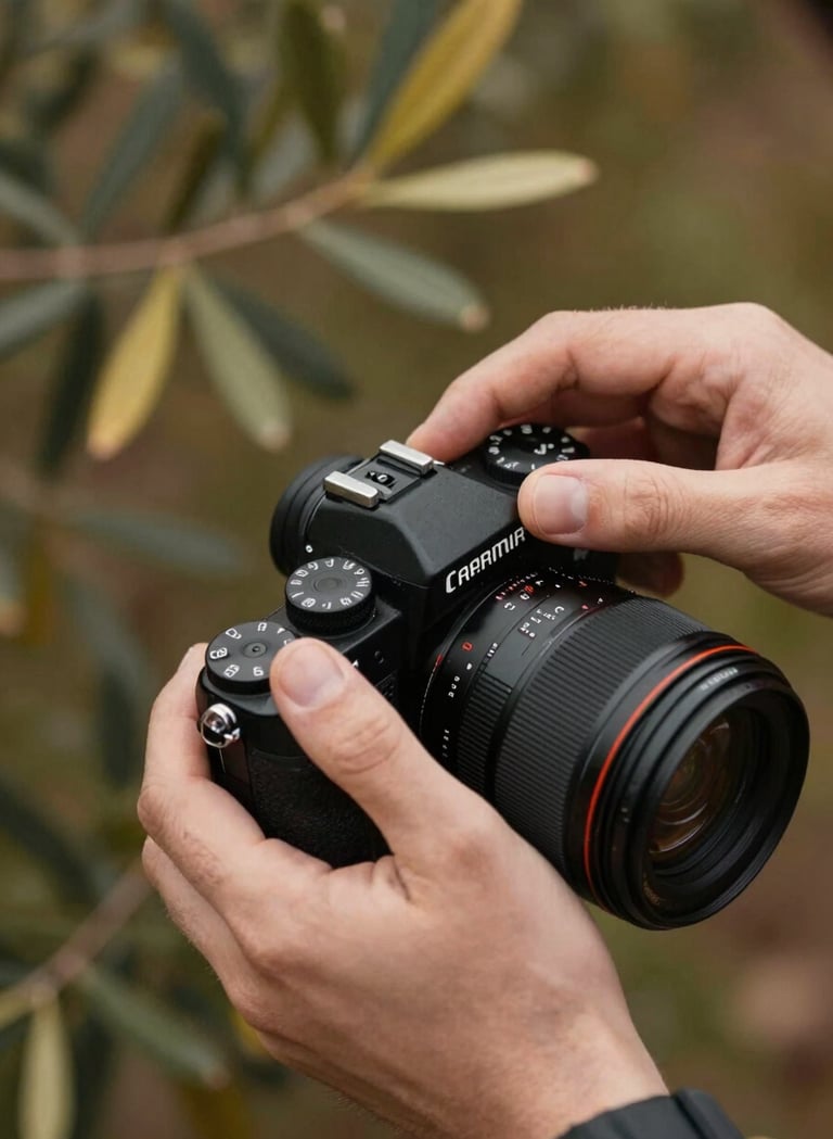 A sharp, artistic shot of a North American / US photographer's hands adjusting a camera dial. The background features Warm Olive foliage and soft bokeh, creating a professional and artistic atmosphere.