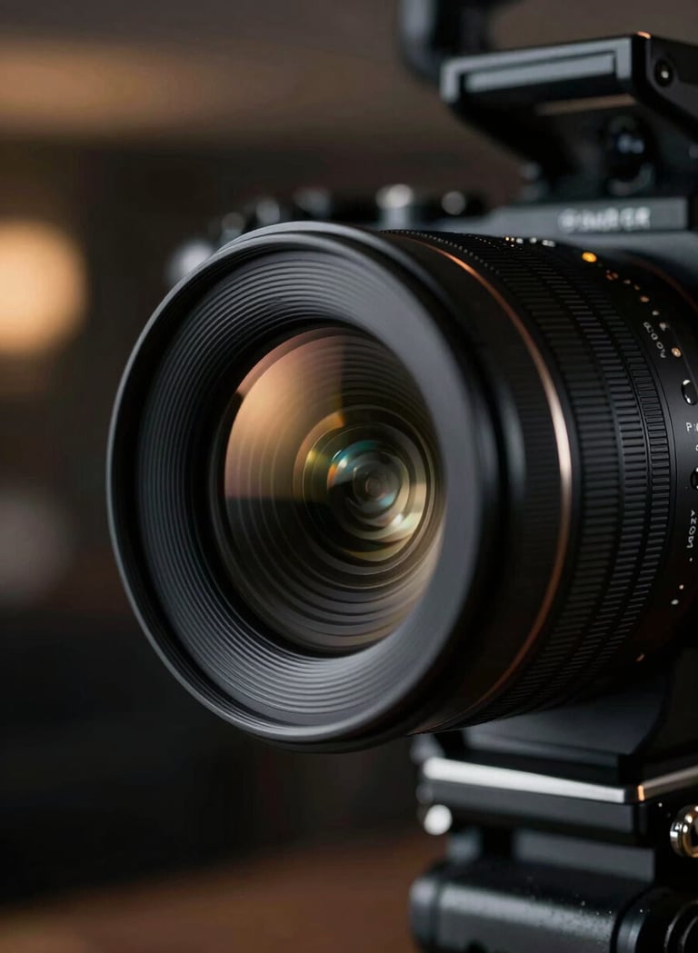 A close-up shot of a high-end cinema camera lens reflecting the soft golden lights of a luxury interior. The lighting is moody and dramatic with deep #0A0A0A shadows and sharp #95A5A6 metallic highlights. Minimalist, premium cinematic gear aesthetic.