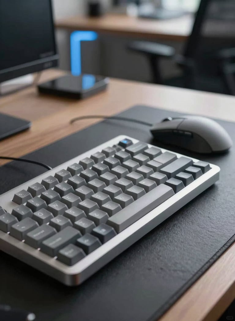 A close-up shot of a silver grey mechanical keyboard and a high-precision mouse on a dark slate desk mat. A blurred background shows a modern office environment with steel blue lighting accents, representing professional attention to detail.