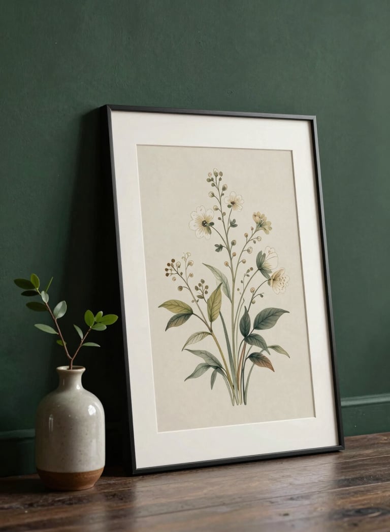 A lifestyle photograph of a framed illustration leaning against a dark forest green wall. The illustration features a delicate floral design on soft off-white paper. Beside it, a small ceramic vase with a single green twig. Elegant and timeless atmosphere.