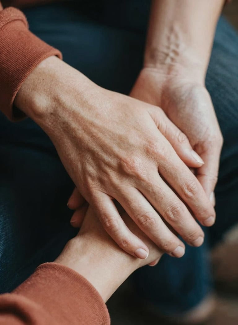 A detailed close-up shot of two people's hands gently intertwined. The lighting is soft and natural, highlighting skin textures and a terracotta-toned sleeve. The mood is intimate and storytelling-focused.