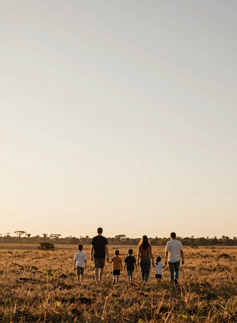 A wide shot of a family walking in an open field in the South American / Brazilian countryside during golden hour. The sky is a soft pearl white and muted taupe. Minimalist composition with a focus on the silhouettes and connection.