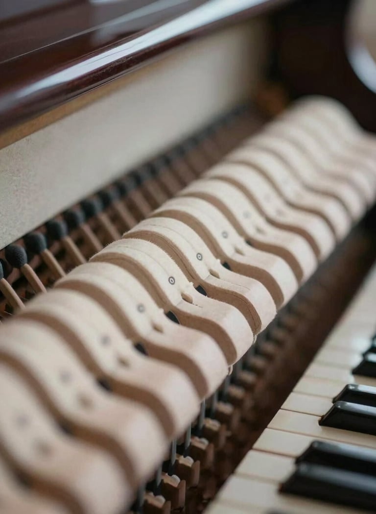An elegant, close-up shot of a piano's hammers moving, captured in soft focus with a palette of deep taupe and soft off-white highlights.