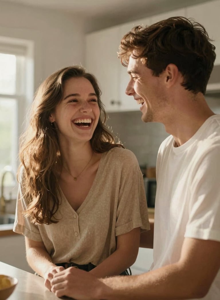 A cinematic, rectangular photograph of a young couple laughing together in a sun-drenched kitchen. The lighting is warm and natural, with soft shadows. They are wearing simple clothes in sand and white tones. Professional photography with shallow depth of field, highlighting authentic joy.