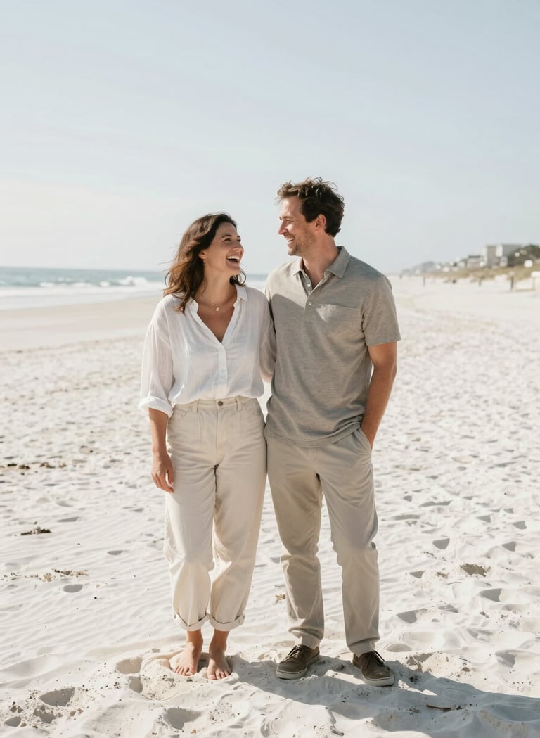 A vertical portrait of a couple laughing on a pristine white sand beach, wearing high-end casual attire in neutral tones. Bright, airy natural lighting and a minimalist composition. North American / US coastline.