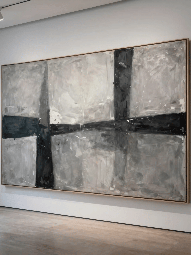 A minimalist and sophisticated large-scale abstract painting in shades of charcoal and light grey, displayed in a high-end European French gallery with soft ambient lighting.