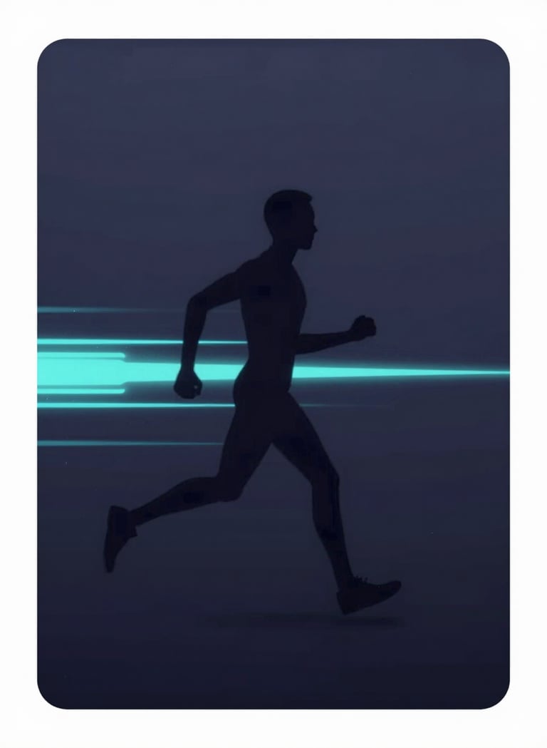 A minimalist preview of a 2D animation loop. A sleek character silhouette moving against a #0d1026 background with #8FE3F5 kinetic energy lines. Modern, high-tech style.