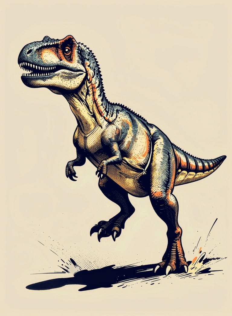 A Velociraptor in a mid-leap action pose, rendered in high-contrast pop art. The piece uses Ben-Day dots for shading in #C6B29B and thick, expressive lines in #1F3A4B. Dynamic splashes of #D87D51 suggest movement.