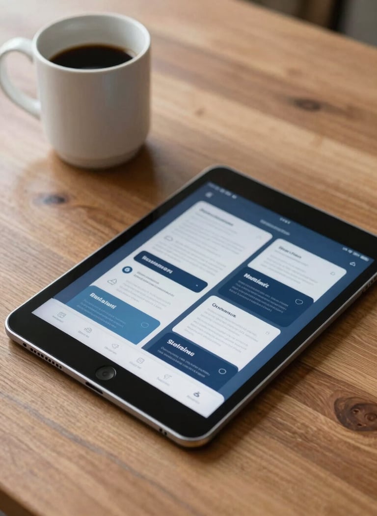 A tablet lying on a wooden desk in a North American / US workspace, showing high-fidelity mobile app designs with slate blue and dark navy blue accents. A soft off-white coffee mug sits beside the tablet. Sharp focus on the screen.