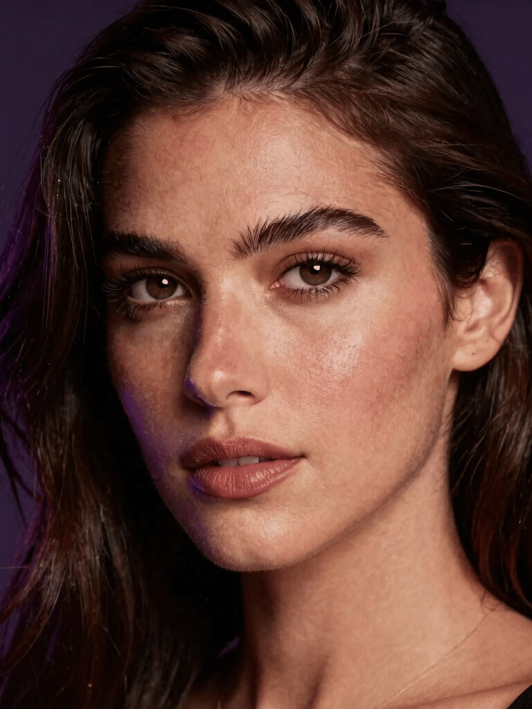 A highly polished, intimate close-up photograph of a gorgeous female model gazing into the camera. Seductive mood in a dark studio in Latin American / Global, lit by subtle warm gold key lights and vibrant violet accent lights.