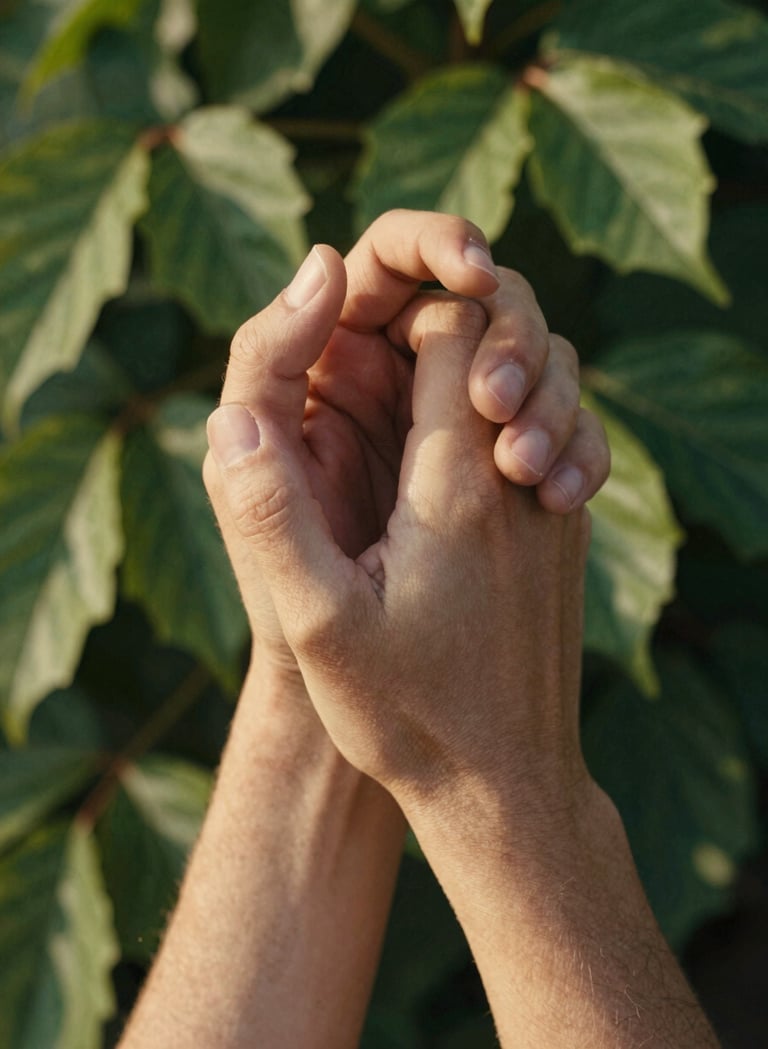 A close-up detail shot of two hands holding tightly against a backdrop of soft green leaves and warm sun-drenched light in a Western / Global garden. Cinematic, intimate, and authentic atmosphere.