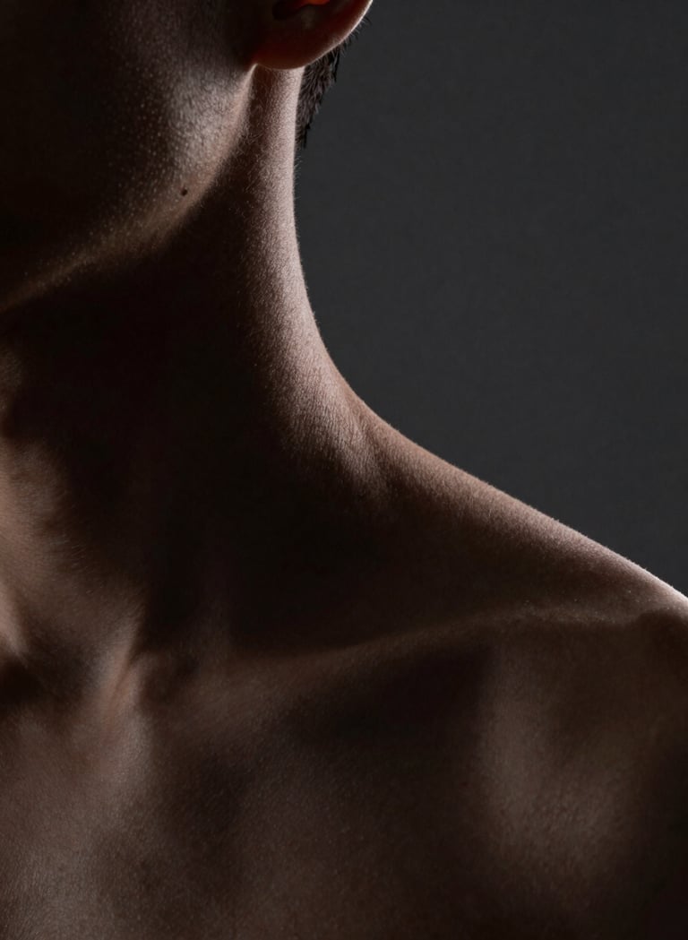 A close-up of a neck and shoulder, captured in low-light. The light catches the edge of the skin, creating a thin off-white highlight against a deep dark gray background. Sophisticated and moody North American / US photography.