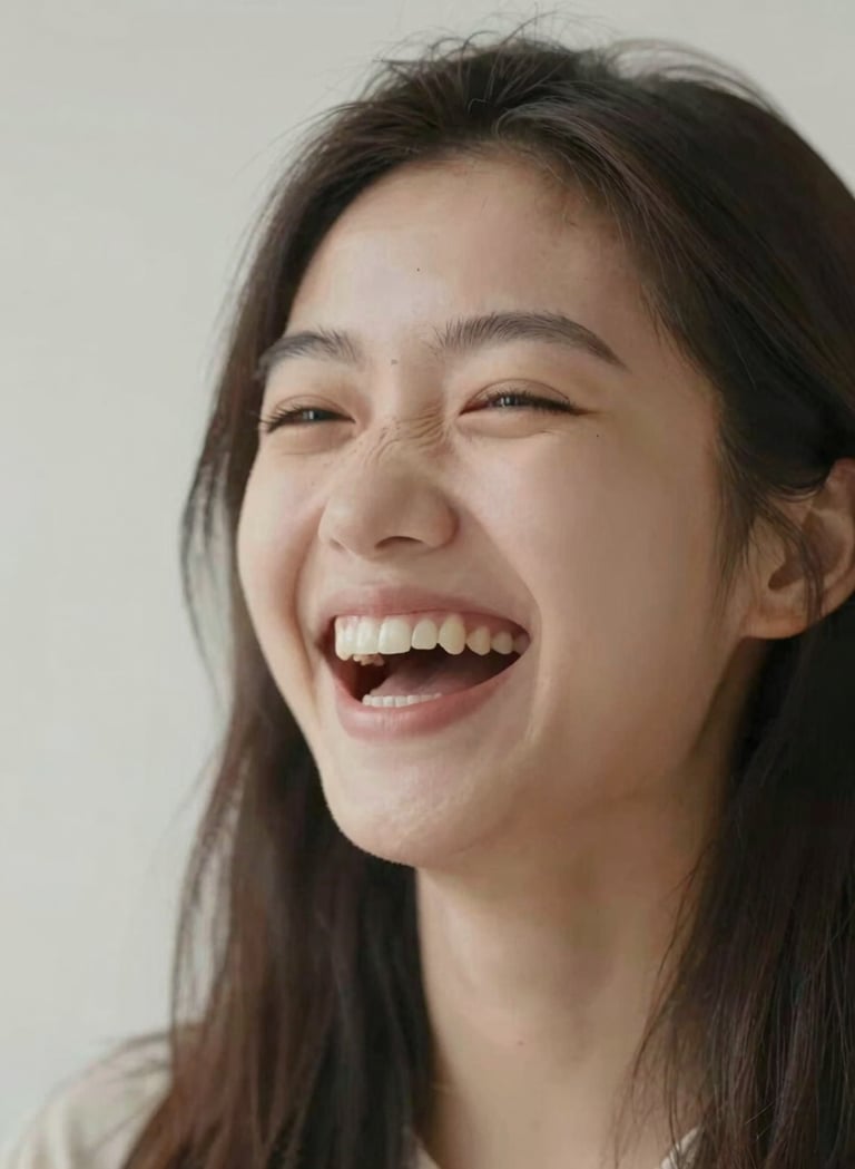 A close-up photograph of a 15-year-old girl laughing spontaneously, focusing on genuine emotion. Soft, cinematic lighting with a color palette of #E0DCD9 and #3D3A38. Minimalist and professional composition.