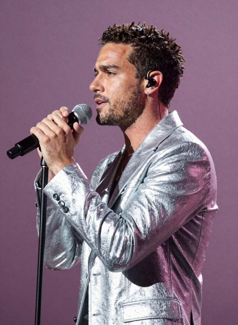 A side-profile photograph of Stefan Taylor performing on stage. He is holding a professional microphone, his expression focused and passionate. The lighting is a dramatic soft silver against a muted plum stage background.