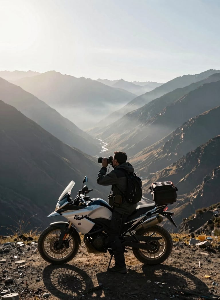 A photographer or traveler in a Global / Western mountain pass, leaning against a motorcycle, looking out over a vast valley, backlit by a hazy afternoon sun, Mist White highlights and deep Dark Charcoal shadows.