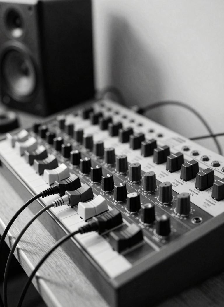 Black and white photography, a high-contrast close-up of a modular synthesizer and audio cables in a minimalist sound studio in Mexico, soft natural side lighting, artistic and refined composition.