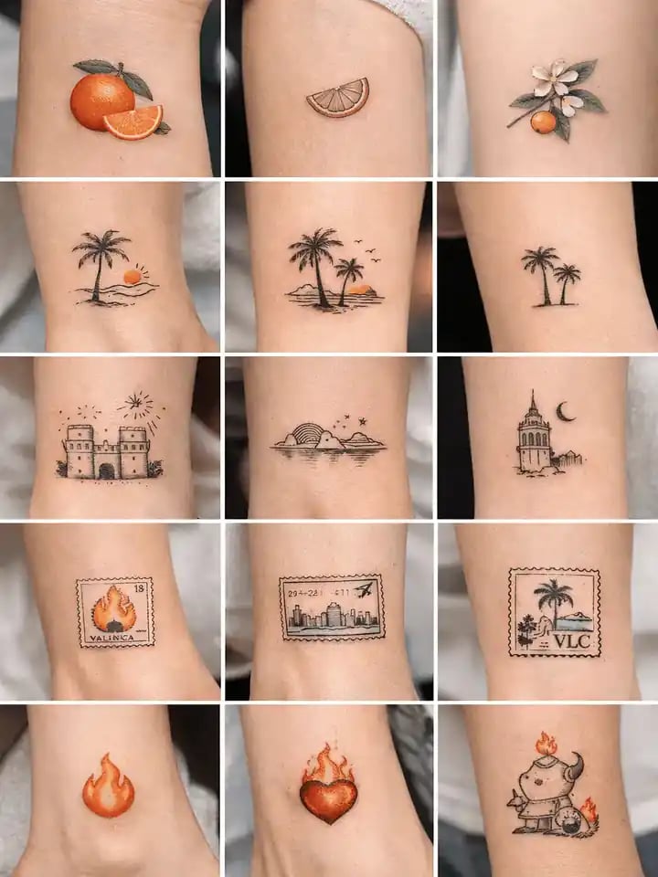 tatuajes pequeños con símbolos de la cultura valenciana como naranjas, palmeras y fuego