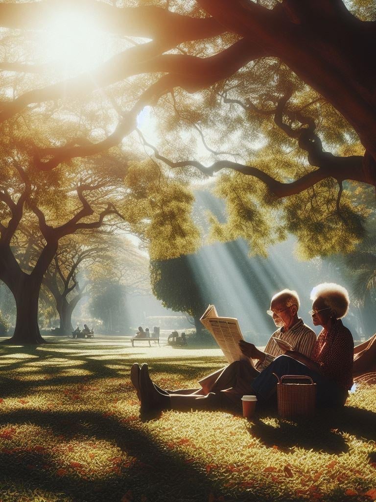 a couple of people sitting on a bench in the sun