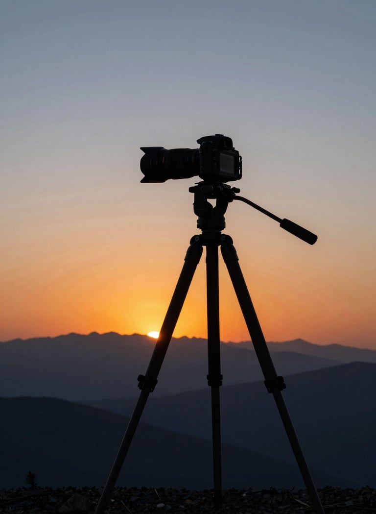 A landscape photographer silhouetted against a vibrant orange and blue sunrise in a North American mountain range, camera mounted on a professional carbon fiber tripod, wide-angle composition, inspiring and professional atmosphere.